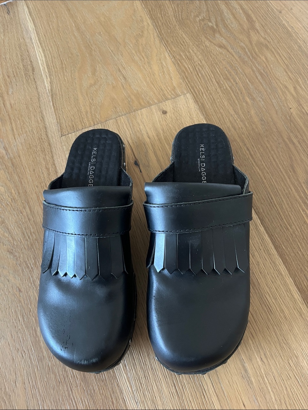 Kelsi Dagger Black Fringe Slip-On Mules